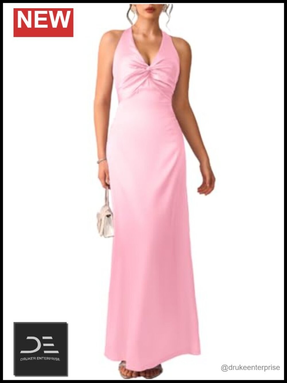 Satin V Neck Halter Backless Maxi Formal Dress